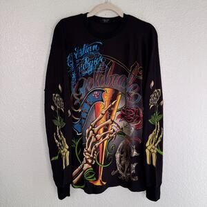 Christian Audigier Thermal Shirt Mens Large Celebrate Life Skull Rhinestone Y2K